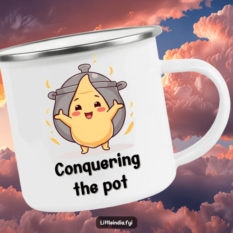 Funny camping mug with a brave samosa facing a giant curry pot, designed for outdoor culinary bravery.