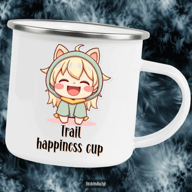 Funny Camping Mug: A happy character with a warm smile shares a joyful moment, perfect for outdoor relaxation.