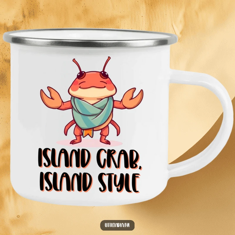 Funny Chilli Crab Camping Mug showing a confused chilli crab trying to wear a tiny sarong by a campfire.