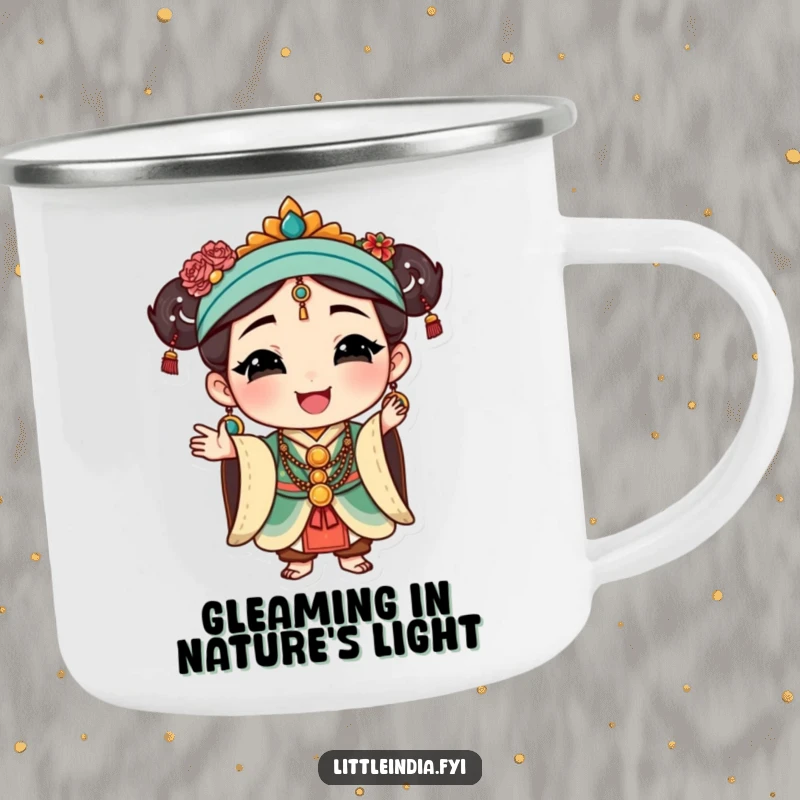 Funny Cultural Mug: Happy character wearing traditional jewelry, striking a graceful pose, designed for elegant outdoor enjoyment.