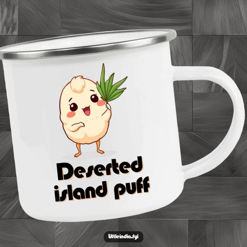 Funny Curry Puff Camping Mug showing a curry puff with tiny legs fanning itself with a palm frond by a campfire.