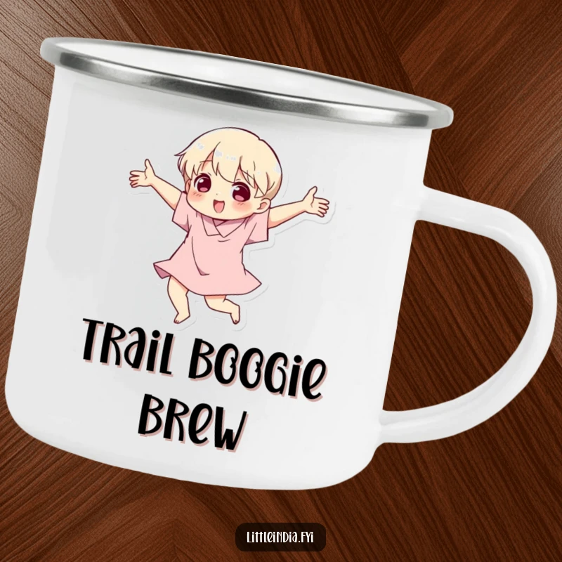 Funny camping mug with a character dancing outdoors, featuring expressive arm gestures and a cheerful, adventurous spirit.