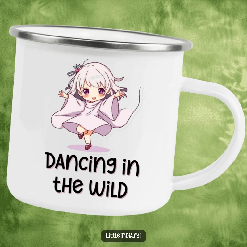 Funny Camping Mug showing a character playfully dancing with flowing fabric, perfect for humorous artistic campers.
