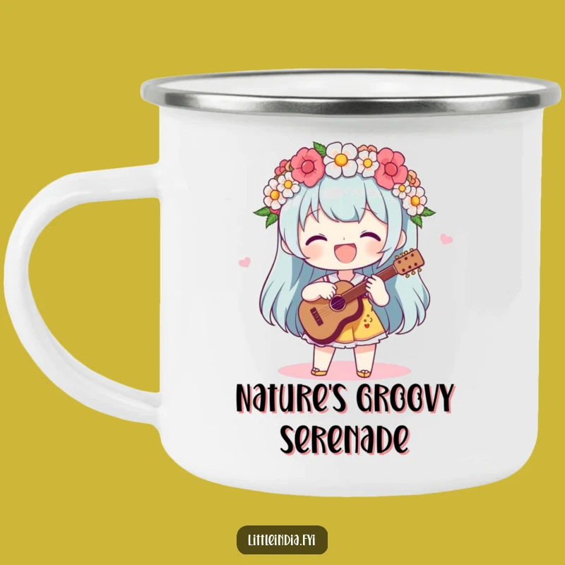 Funny Flower Garland Campfire Mug - Delightful Beat Player, Outdoor Fun Gift