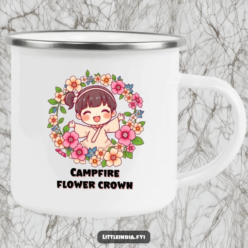 Funny Camping Mug featuring a joyful character spinning a fragrant flower garland, built for adventure and designed to infuse your outdoor moments with beauty.