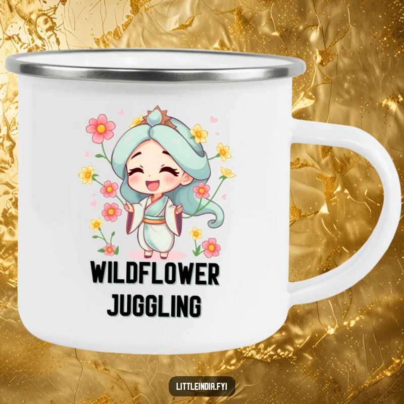 Funny camping mug with a character juggling jasmine flowers, ideal for outdoor enjoyment and a cheerful vibe.