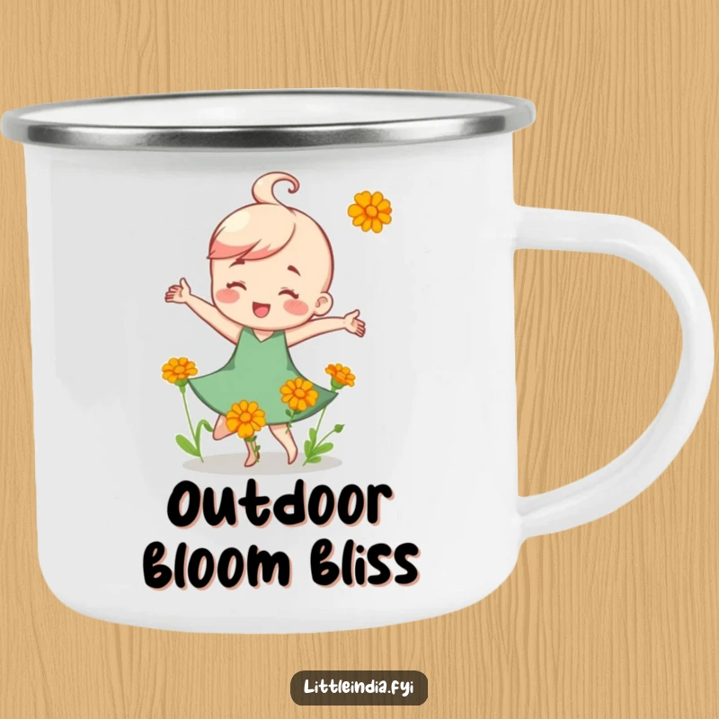 Funny Camping Mug: A happy character dancing with small, colorful marigold flowers, ideal for outdoor enjoyment.