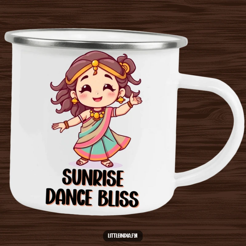Funny camping mug showcasing a smiling character in a colorful sari, dancing joyfully, perfect for outdoor celebrations.