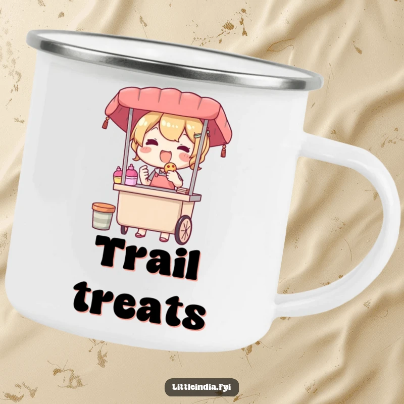 Funny camping mug with a delighted street vendor character offering a treat, built for adventure and radiating a warm, happy generosity.