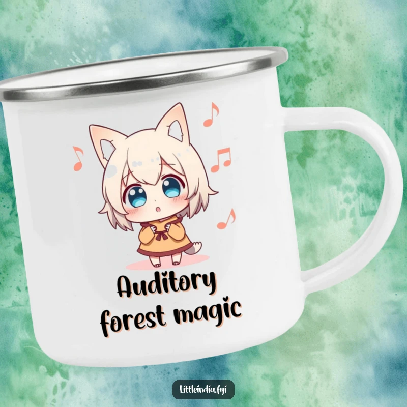 Funny Camping Mug depicting a surprised character listening intently to distant music, built for adventure and designed to enhance your outdoor auditory experiences.