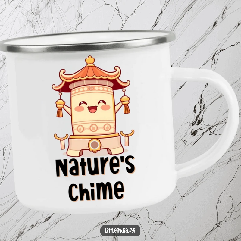Funny camping mug with a happy temple bell character ringing with pure joy, built for adventure and radiating a clear, happy sound.