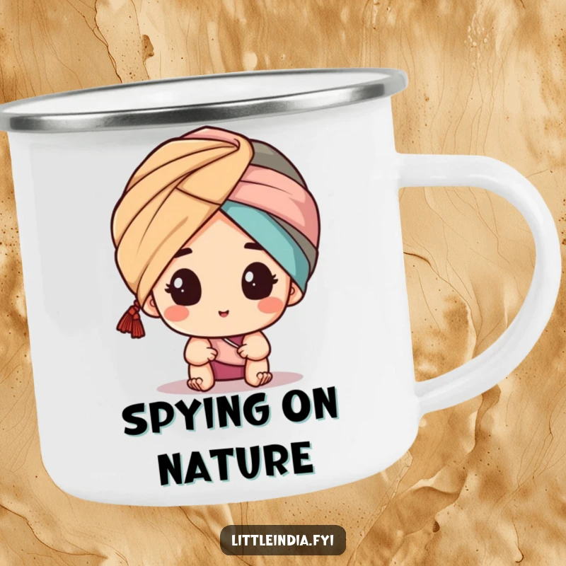 Funny camping mug with a character peeking from a turban, perfect for outdoor use, adding a humorous and intriguing element to your drink.