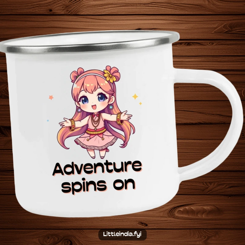 Funny Camping Mug: A character twirls with delight, surrounded by colorful bangles, designed for outdoor enjoyment and a touch of humor.