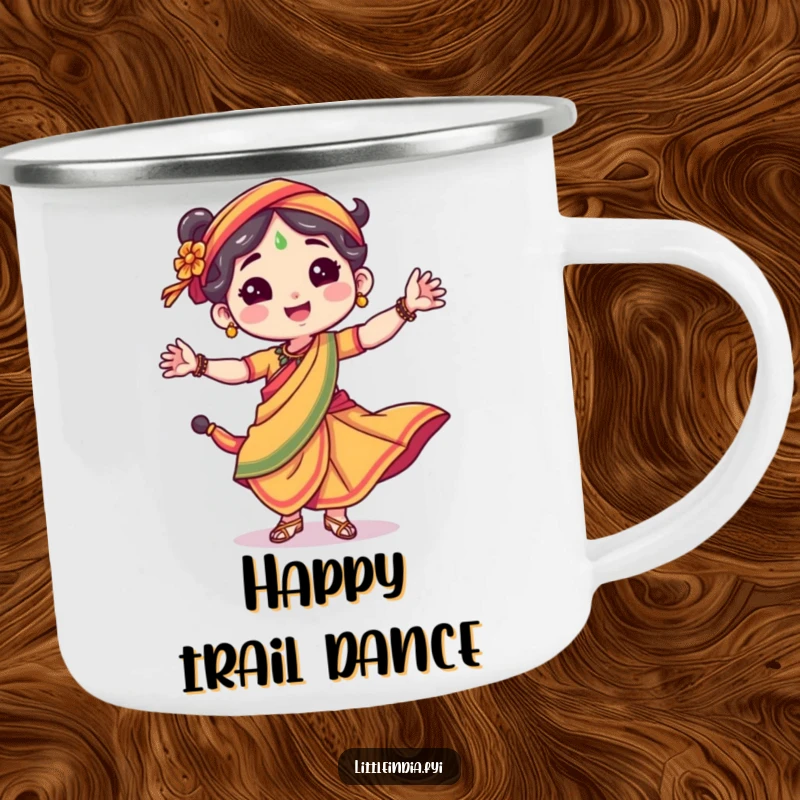 Funny camping mug featuring a happy character in a colorful sari, dancing energetically, ready for outdoor fun.