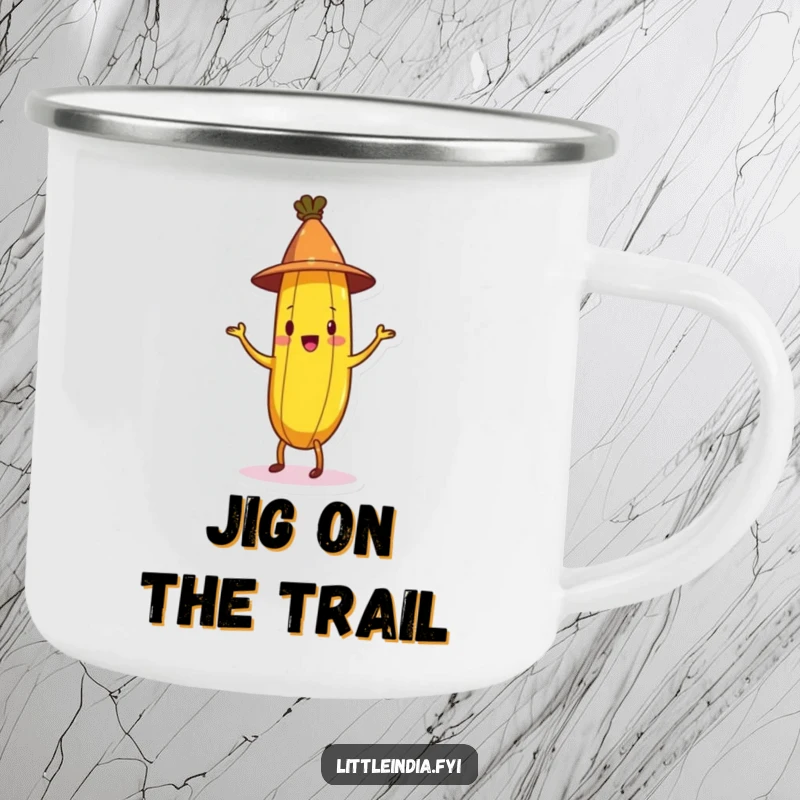 Funny Banana Camping Mug with a cheerful banana in a conical hat doing a jig, designed for durability and outdoor enjoyment.