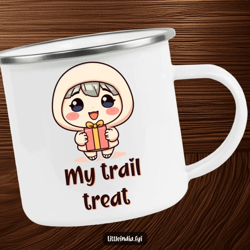 Funny Camping Mug: A cheerful character with a welcoming smile offers a small gift, perfect for outdoor enthusiasts.