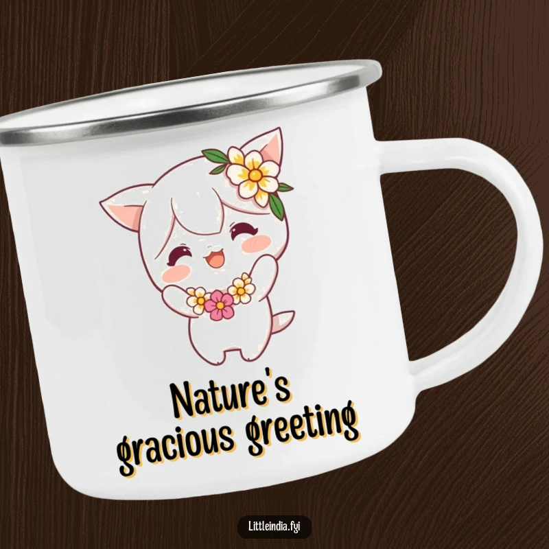 Funny Camping Mug: Cheerful character in a flower garland performs a playful bow, ideal for outdoor enthusiasts seeking a touch of humor. Great funny gift.