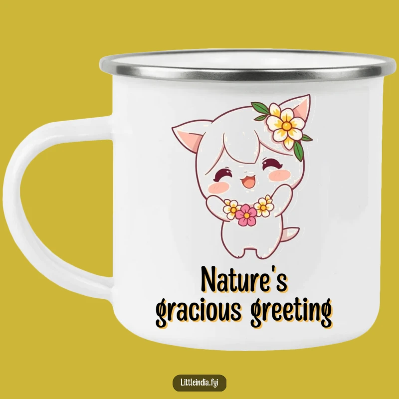 Funny Flower Garland Bow Camping Mug: Cheerful Character's Outdoor Playful Bow - Adventure Gift