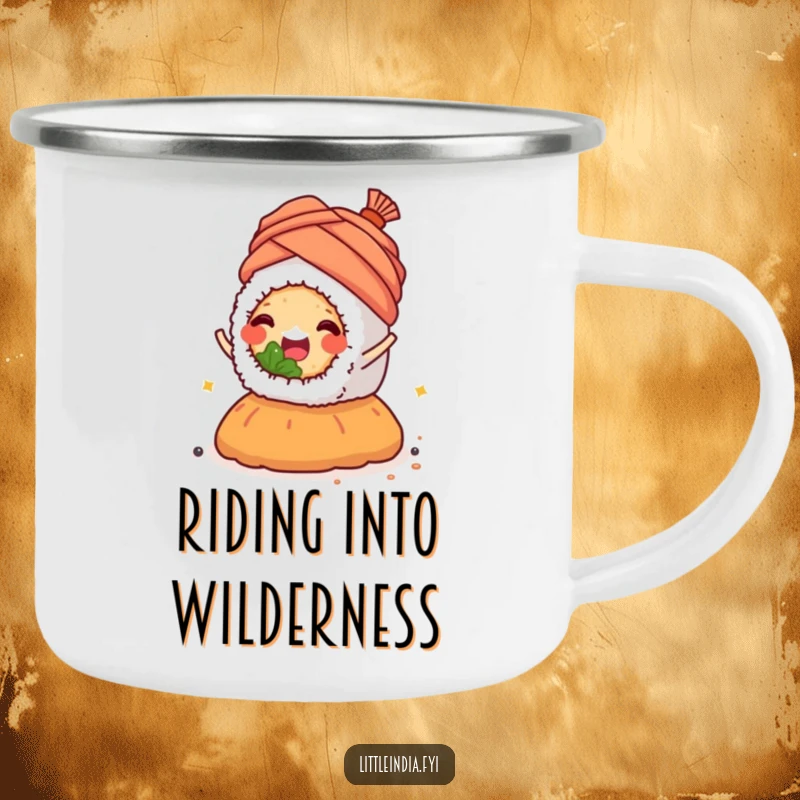 Happy sushi roll wearing a tiny turban, joyfully riding a spice mound, on a camping mug.