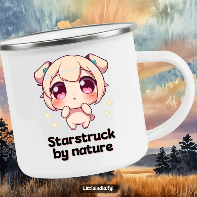 Funny Camping Mug showing a character with wide eyes gazing at sparkling lights, perfect for humorous adventurers.