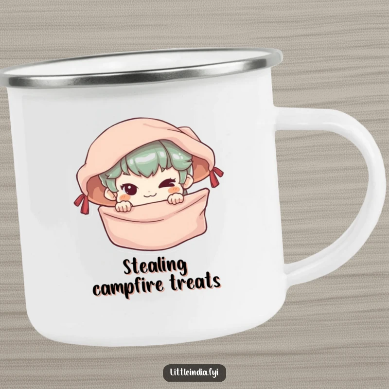 Funny Camping Mug showing a mischievous character peeking from a colorful market stall, perfect for humorous adventurers.