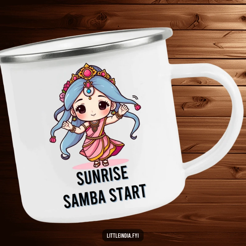 Funny camping mug featuring a character joyfully dancing in a sari, durable for outdoor use, bringing humor and cheer to every sip.