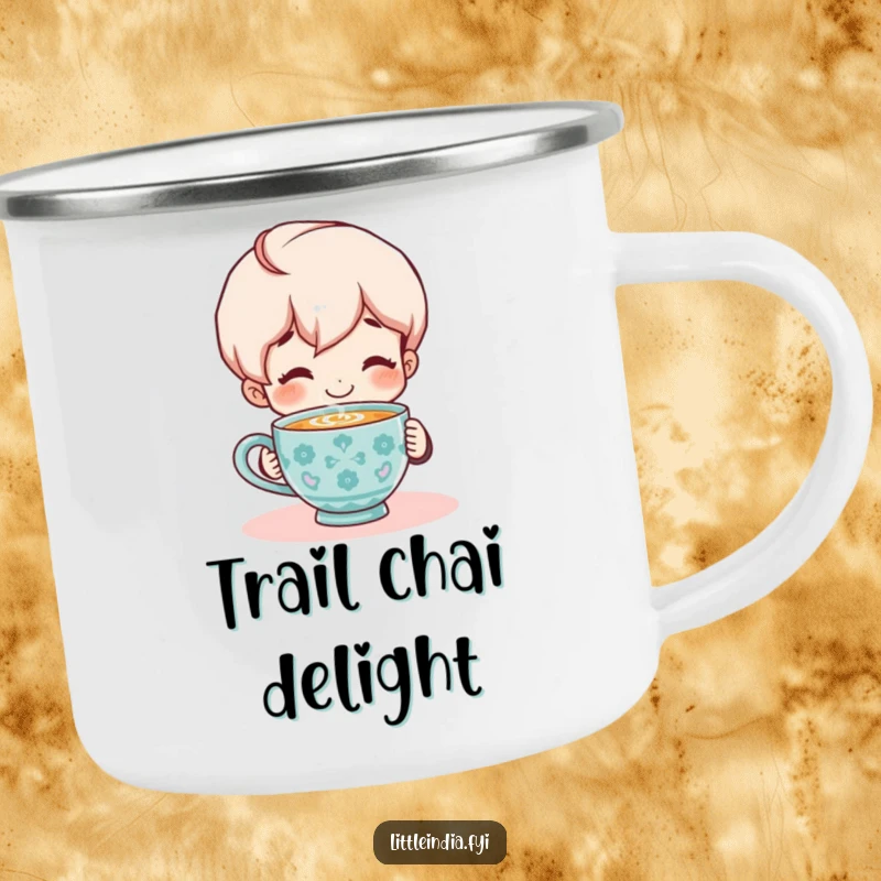 Funny Camping Mug: Smiling character enjoying a steaming cup of chai, ideal for enjoying warm drinks outdoors.