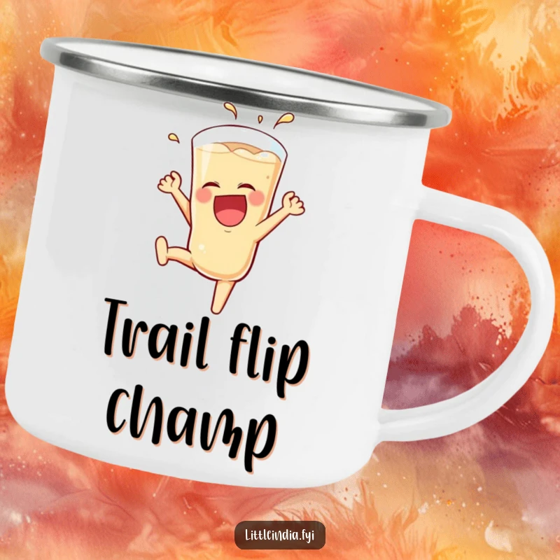 Funny Teh Tarik Camping Mug with a laughing glass performing a somersault, designed for durability and outdoor enjoyment with humor.