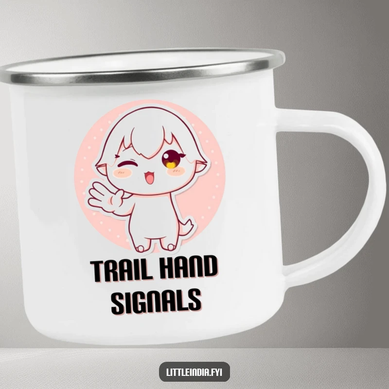 Funny Camping Mug featuring a playful character's expressive hand gesture, built for adventure and designed to bring smiles around the campfire.