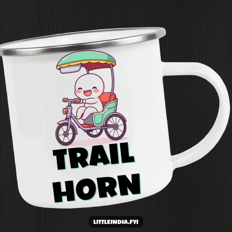 Funny camping mug with a giggling rickshaw character cheerfully tooting with joy, built for adventure and radiating a playful, happy sound.