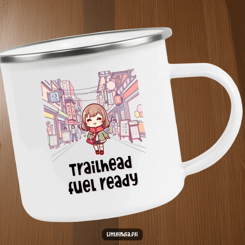 Funny camping mug with a cute character smiling, embarking on a street adventure, ideal for outdoor enthusiasts.