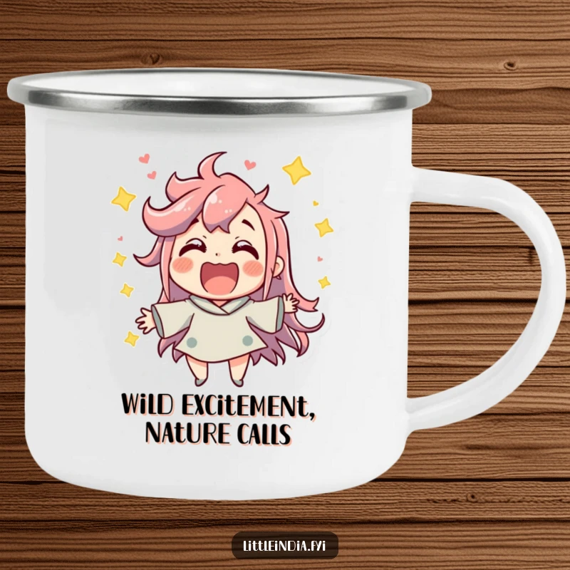 Funny Adventure Mug: Jubilant character enjoying a lively atmosphere with excitement, designed for fun outdoor experiences.