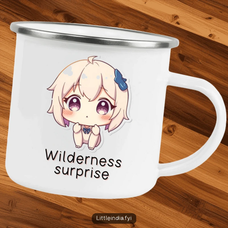 Funny camping mug with a character's surprised expression, ideal for reacting to nature's wonders with a humorous touch.