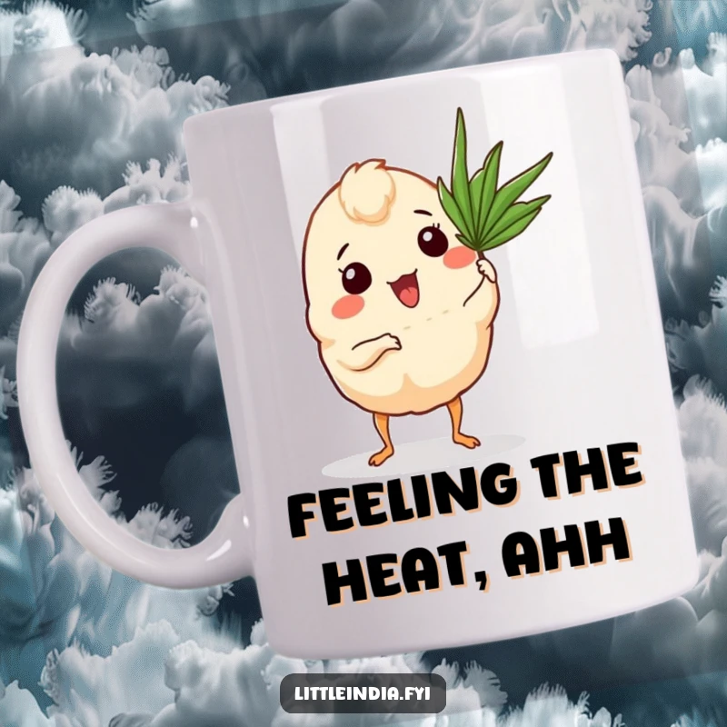 Funny Curry Puff Mug with tiny legs, happily fanning itself with a palm frond in a tropical setting.