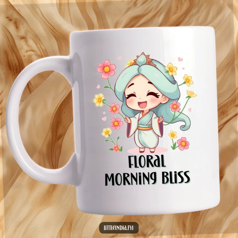 Funny mug depicting a character laughing while juggling delicate jasmine flowers, radiating joy and artistic flair.