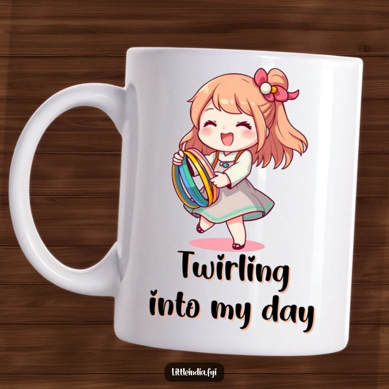 Funny mug shows a character happily twirling while holding a stack of colorful bangles, radiating pure joy.