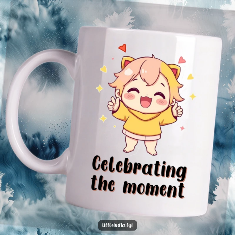 Funny Mug: Cheerful character striking a dynamic, vibrant, and celebratory pose, exuding happiness and excitement.