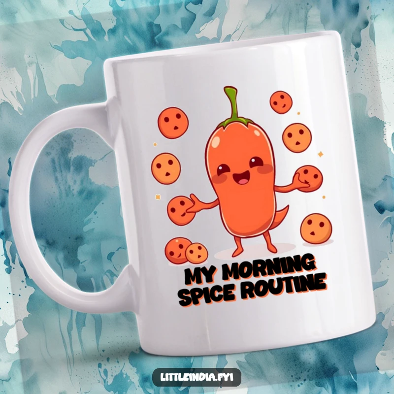 Funny chili pepper character comically juggling small idlis on a white background, perfect for coffee lovers.