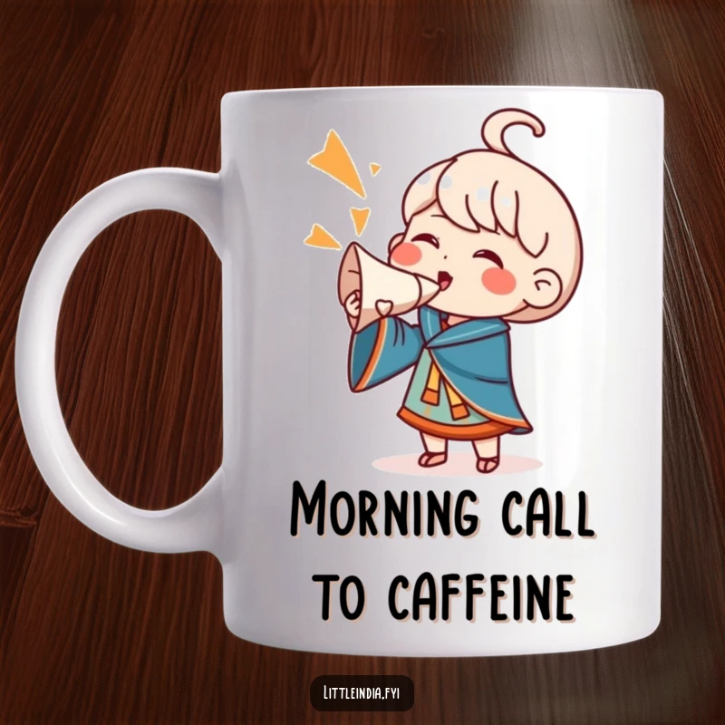 Funny Mug: A joyful character exuberantly blows a conch shell, signaling a happy cheer and festive celebration, bringing smiles.