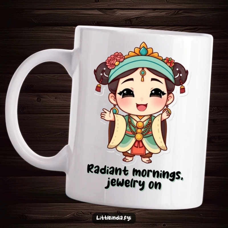 Funny Cultural Elegance Mug: Happy character adorned with traditional jewelry, striking a graceful, poised stance.