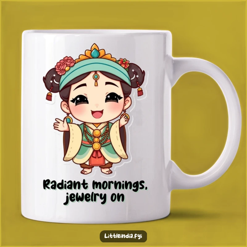 Funny Cultural Elegance Mug: Happy Character Jewelry Pose - Graceful Funny Gift