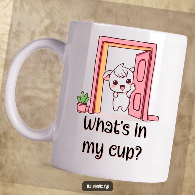 Funny Mug: A curious character peeks excitedly from behind a vibrant doorway, hinting at unseen adventures.