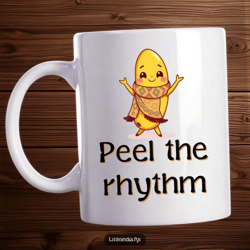 Funny mug featuring a smiling banana wearing a small scarf, passionately performing a flamenco dance with flair.