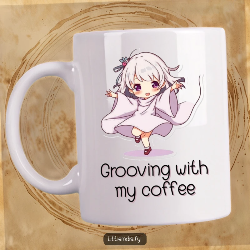 Funny Mug showcasing a character playfully dancing with elegant, flowing fabric, celebrating artistic movement and humor.
