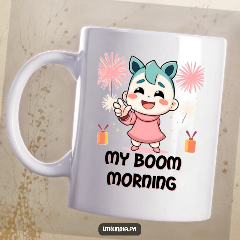 Funny Mug: A smiling character strikes a dynamic pose with festive firecrackers exploding dynamically in the background.