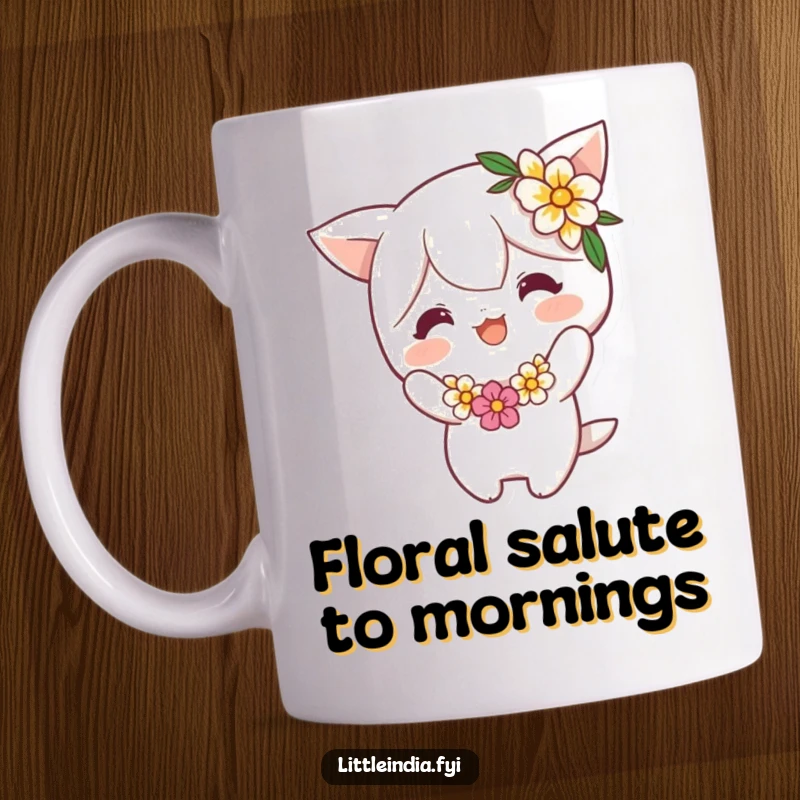 Funny Mug: Cheerful character in a flower garland performs an adorable, playful bow, radiating happiness and charm. Ideal for a lighthearted gift.
