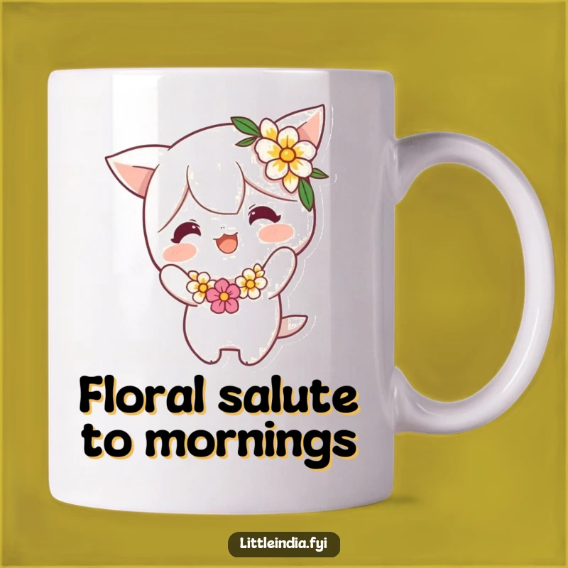 Funny Flower Garland Bow Mug: A Cheerful Character's Playful Gesture - Perfect Gift