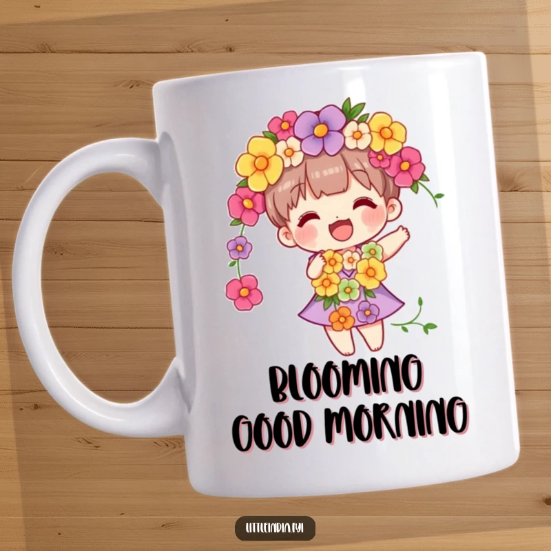 Funny mug depicting a cheerful character wearing a vibrant flower garland, gently swaying with happiness.