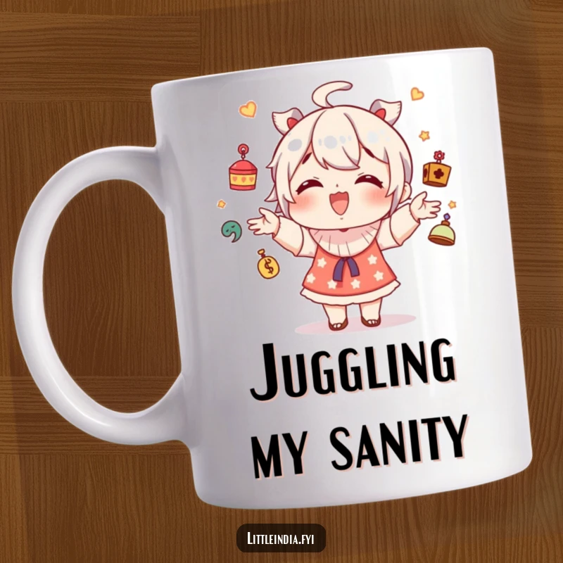 Funny mug showing a giggling character skillfully juggling small, colorful, decorative trinkets with a joyful expression.