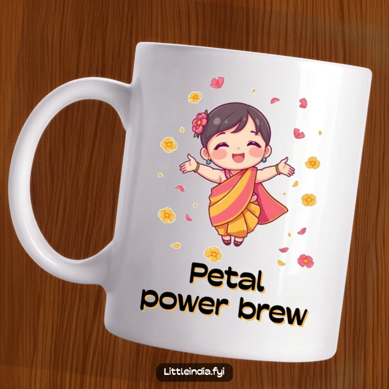 Funny Mug of a small character in a colorful sari, joyfully scattering flower petals with a radiant smile.